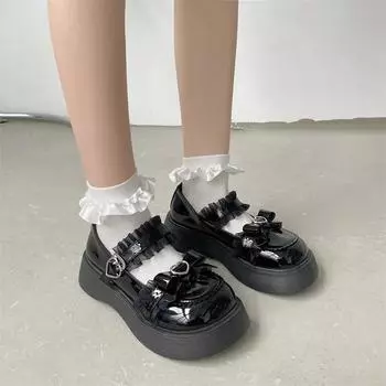 Women Black Chunky Platform Mary Jane Shoes Woman 2024 Autumn New Patent Leather Pumps Ladies Thick Bottom Bowknot Lolita Shoes 35