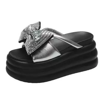 Women Bling Butterfily Knot Chunky Slippers New Summer Ladies Beach Wedges Heels Outside Sandals Woman High Platform Shoes 8.5CM 34 серебряный