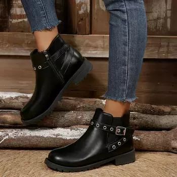 Women Boots Fashion Chunky Heel Ankle Boots Women Metal Buckle Short Boots Lightweight Comfortable Round Toe Shoes for Women 35