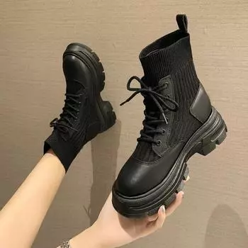Women Boots Flying Weaving 2024 Autumn Winter New Round Toe High Heel Comfort Short Boots Flat Heel Lace-up Fashion Ankle Boots 35 чёрный