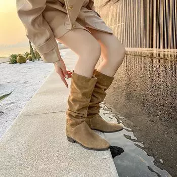 Women Boots Suede Brown Long Boots High Heels Western Cowboy Wrinkled Boots 2024 Fashion Female Designer Shoes Thigh High Boots 34 хаки