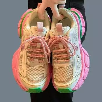 Women Chunky Sneakers 2024 Mesh Breathable Lace-Up Platform Shoes for Women Sports Running Casual Ladies Fitness Vulcanize Shoes 35 розовый