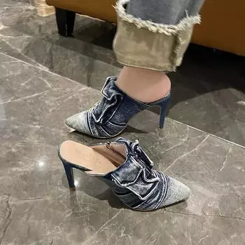 Women Denim Wedge Heel Sandals Casual Open Toe Platform Shoes Comfortable Buckle High Heels Womens Shoes Slippers Woman Mules 35 синий