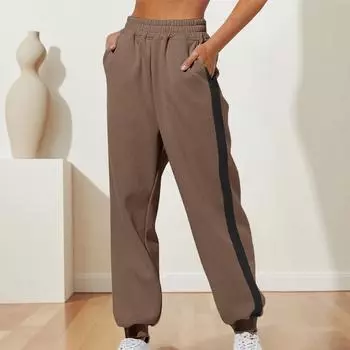 Women Elastic Waist Cuff Pants Trousers Summer Loose Fit Hiking Jogger Pant With Pocket XXL кофейный
