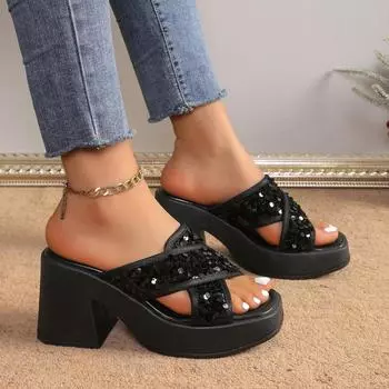 Women Elegant Platform Slippers Summer Fashion Sequin Peep Toe Thick Sole Female Outdoors Non-slip Casual Beach Heels Sandals 35 серебряный