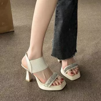 Women Fashion Sexy Chunky Square Toe Platform Pumps Sandals Women Summer New Elastic Rhinestone Platform Party Sandalias Mujer 35 коричневый