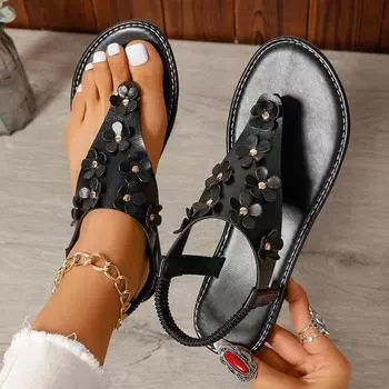 Women Flip Flop Flats Sandals Summer 2024 Designer Flower Beach Platform Casual Slippers Fashion Slingback Open Toe Sandalias 36 чёрный