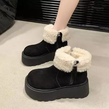 Women Fur Platform Ankle Snow Boots Flats Suede Warm Plush Cotton Shoes Woman Winter 2025 Trend Goth Cozy Non Slip Botas Mujer 35 жёлтый