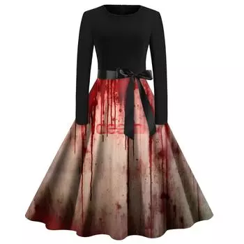 Women Halloween Print Flare Dress Long Sleeve O-Neck Dress Party Casual Dresses S киноварь