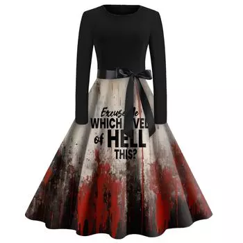 Women Halloween Print Flare Dress Long Sleeve O-Neck Dress Party Casual Dresses L чёрный