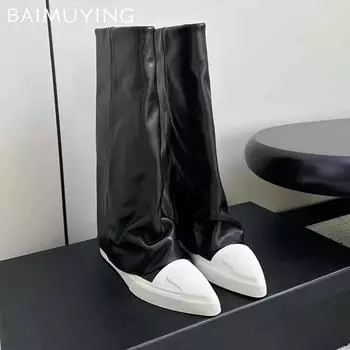 Women High Boots Flats Pointed Toe Leather Shoes 2024 Trend Winter Brand Ankle Boots Women Knee High Motorcycle Botas De Mujer 35