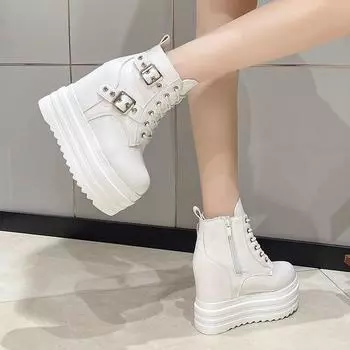 Women High Platform Ankle Boots Autumn Gothic Style Leather Shoes Buckle Punk Motorcycle Boots Round Toe Chunky Sneakers 34