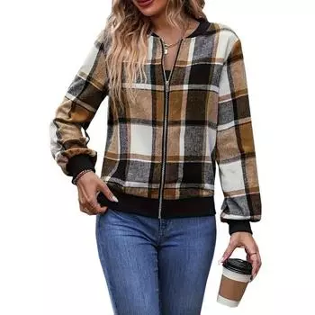 Women Jacket Stand Collar Long Sleeve Zipper Closure Short Jacket Plaid Print Ribbed Hem Cuff Casual Coat Daily Wear XXL