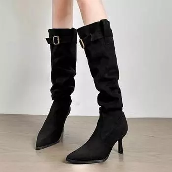 Women Knee High Heels Boots Sexy Pointed Toe Shoes 2025 Winter Trend Fashion Suede Walking Shoes Retro Goth Pumps Botas Mujer 34 чёрный