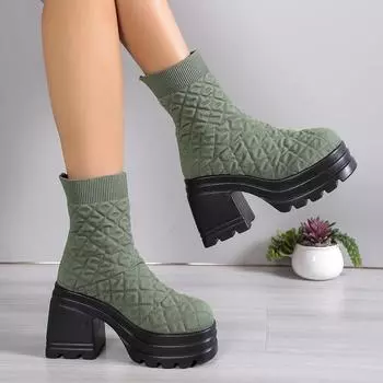 Women Knitting Chunky Boots Winter Stretch Sock Boots 2024 New Female Autumn Fashion Platform Slip on Square Heel Botas De Mujer 36 чёрный