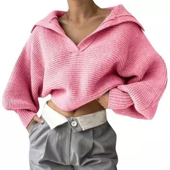 Women Knitting Tops Lapel V-Neck Long Sleeve Solid Color Sweater Loose Fit Warm Knitting Tops Knitwear S