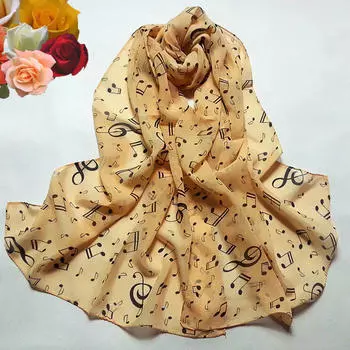 Women Lady Musical Note Chiffon Neck Scarf Shawl Muffler Scarves Beige