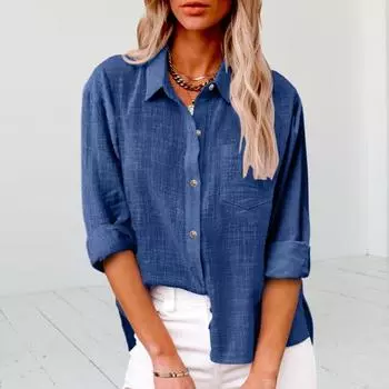 Women Lapel Long Sleeve Shirt Tops Retro Solid Color Patch Pocket Single Breasted Casual Shirt Workwear 3XL чёрный