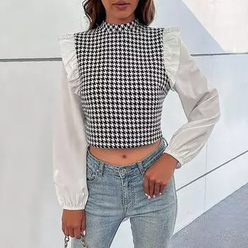 Women Long Sleeve Half High Collar Tees Grid T-Shirt Ladies Tee Shirt Street Chiffon Blouses Wear Top S чёрный/белый
