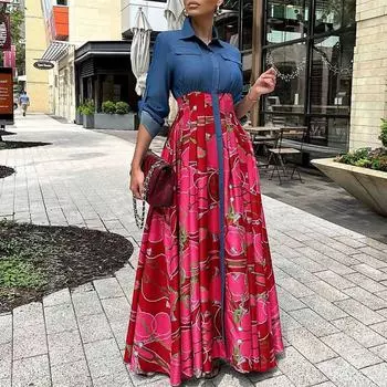 Women Long Sleeve Printing Red Blue Long Dress Maxi Dress S