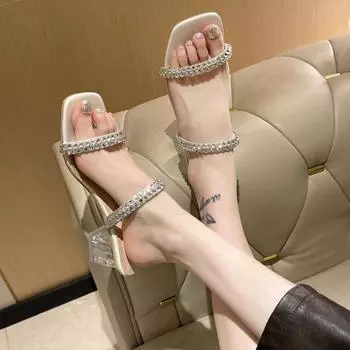 Women Luxury Crystal Slippers Heeled Flip Flops Shoes Summer Dress Beach Sandals 2024 Designer New Slides Walking Female Zapatos 35 бежевый