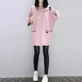 Women Neck Round Long Sleeve Solid Patchwork Hoodie Loose Pocket Sweatshirt Tag 2XL=US L
