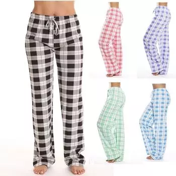 Women Plaid Printed Pants Full Length Long Trousers Sports Pants S чёрный