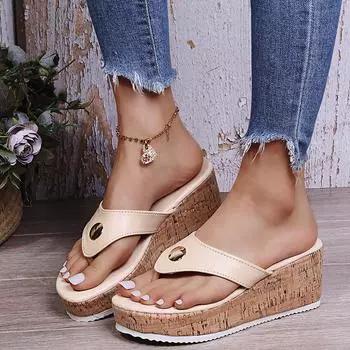 Women Platform Flip Flops Comfy Wedge Heeled Open Toe Slippers for Women Indoor Outdoor Wear Casual Summer Shoes Large Size 35 бежевый