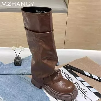 Women Platform High Boots Leather Knee High Flats Shoes Woman 2025 Trend Winter Fashion Dress Goth Retro Motorcycle Boots Mujer 35 чёрный