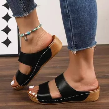 Women Platform Sandals Summer 2025 New Wedges Solid Color Round Head Design Casual Comfortable Beach Sandals for Women 36 чёрный