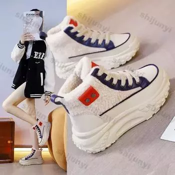 Women Platform Sneakers Fashion Thick Sole Lace Up Sports Shoes Female Winter Thicken Plush Comfortable Casual High Top Sneakers 35 красный