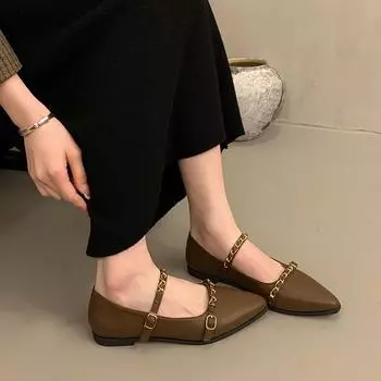 Women Pointed Toe Flats Mary Jane Shoes Women New Fashion Luxury Low Heel Shallow Slip on Casual Loafers Riveted Single Shoes 35 бежевый
