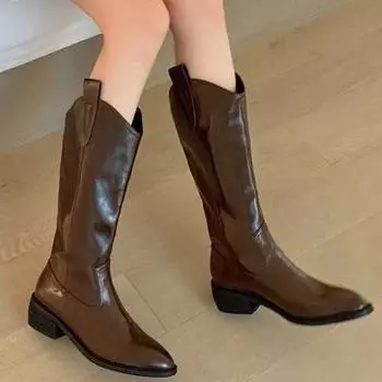 Women Pointed Toe High Boots Chunky Leather Shoes Elegant Winter Sexy Party Shoes Women 2024 Trend Walking Mujer Zapatos Botas 35 коричневый