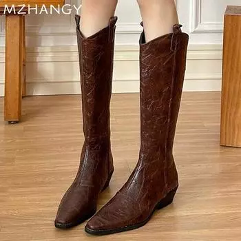 Women Pointed Toe Leather High Boots Chunky Knee High Shoes Woman 2025 Trend Winter Fashion Low Heels New Motorcycle Boots Mujer 35 чёрный