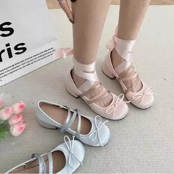 Women Pumps Bowknot Mary Jane Shoes 2024 Autumn New Lolita Dress Round Toe Shoes Designer Shallow Sandals Female Elegant Zapatos 35 розовый