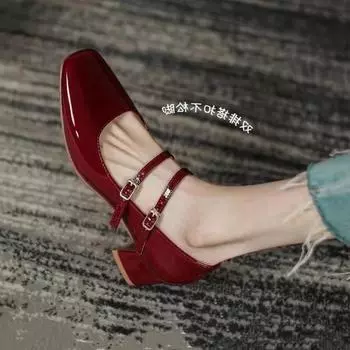 Women Pumps Spring Autumn Double Buckle Mary Jane Shoes for Women Patent Leather Square Head Square Heel Solid Color Women Shoes 35 чёрный
