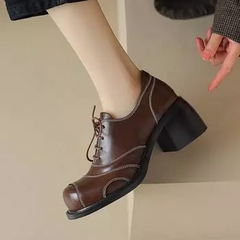 Women s 6.5CM Thick Sole Height Increase Genuine Leather Cowhide Spring Fashion Preppy style lace-up leather shoes Size 34-39 34 чёрный