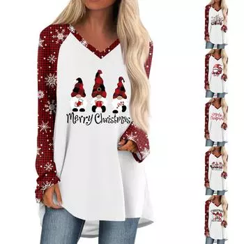 Women s And Winter Long Sleeved V-neck Christmas Printing Casual Long Loose T-shirt Top XXL винный