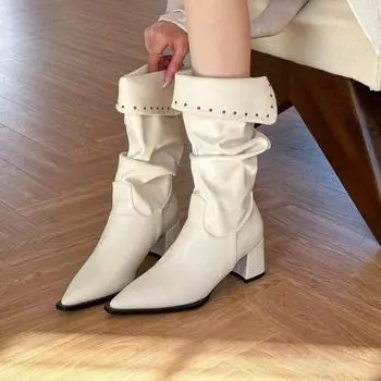 Women s Ankle Boots Pointed Toe Square Heel 2024 New Autumn Winter Boots for Ladies Non-Slip Outdoors Solid Color Women Boots 35 бежевый