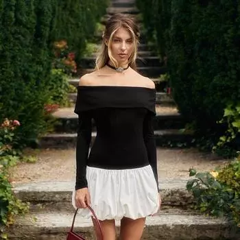 Women s Autumn and Winter Black and White Splicing Sexy Line Shoulder Long Sleeve Slim Short Bubble Dress S белый