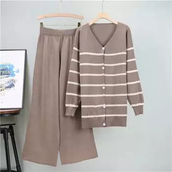 Women s Autumn And Winter Fashion Long V Neck Striped Knitted Suit Casual Wide Leg Pants Two Piece Set One Size верблюд