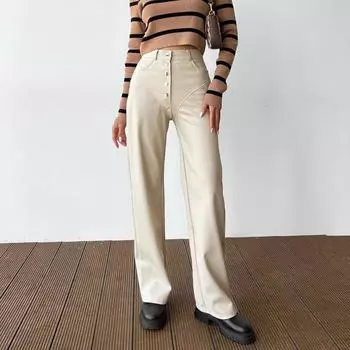 Women s Autumn and Winter High Waist Splicing Casual Long Pants S чёрный