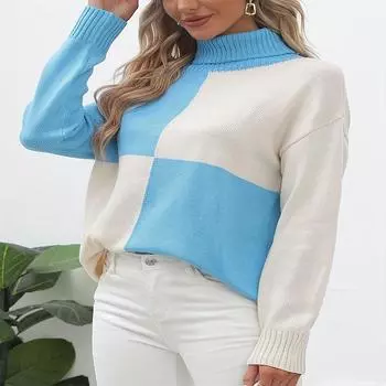 Women s Autumn/Winter Colour Clash Lapel Knitted Sweater S синий
