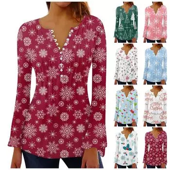 Women s Bell Sleeve Button Collar Long Sleeve Christmas Print Basics Slim Top T-Shirt XL