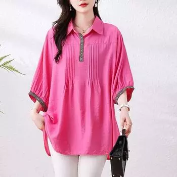 Women s Blouse 3/4 Sleeve Loose Spring and Summer Casual Women s Blouse Large Size Loose Shirt XXXXXL розы красного