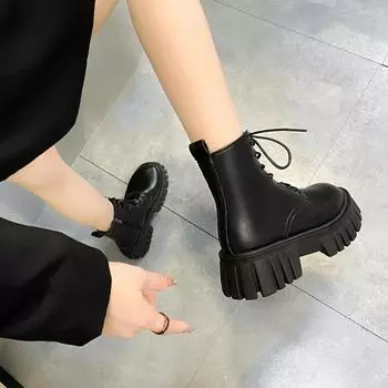 Women s Boots Autumn/Winter New Chunky Platform Ankle Boots British Style Pu Leather Thick Bottom Motorcycle Boots Booties Mujer 35 чёрный