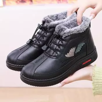 Women s Boots Plush Warm Round Toe Platform Shoes Winter Waterproof Non-slip Wedges Boots Elegant Comfort Outdoor Walking Shoes 35 чёрный