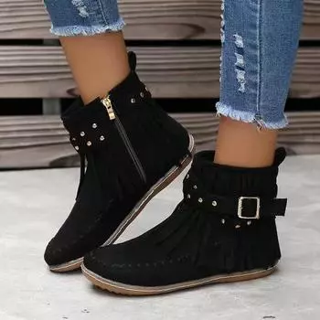 Women s Boots Short Boots 2025 Autumn and Winter New Large Size Rivet Flat Bottom Fringed Boots Children 36 чёрный