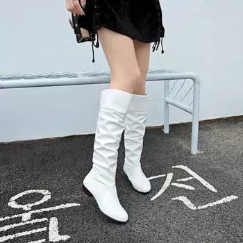Women s Boots Winter Knee High Shaft Black Footwear Round Toe Leather Long Shoes For Woman White Stylish And Low Price Hot 35