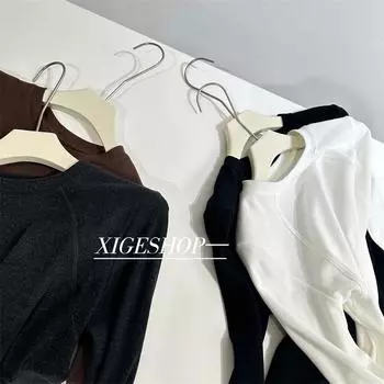 Women s Brushed Patchwork Long-Sleeve Top: Slim, Versatile, Soft, Skin-Friendly, Round Neck Design for Autumn/Winter Medium кофейный
